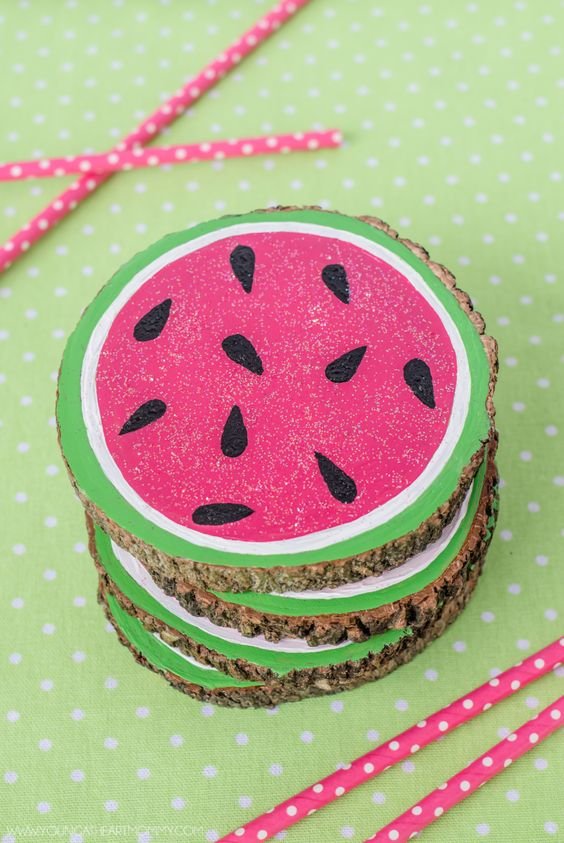 How To Make Painted Wooden Watermelon Coasters From Tree Bark Slices